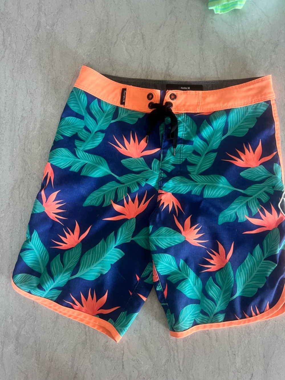 Hurley Navy Board Shorts with Teal Leaves and Coral Accents